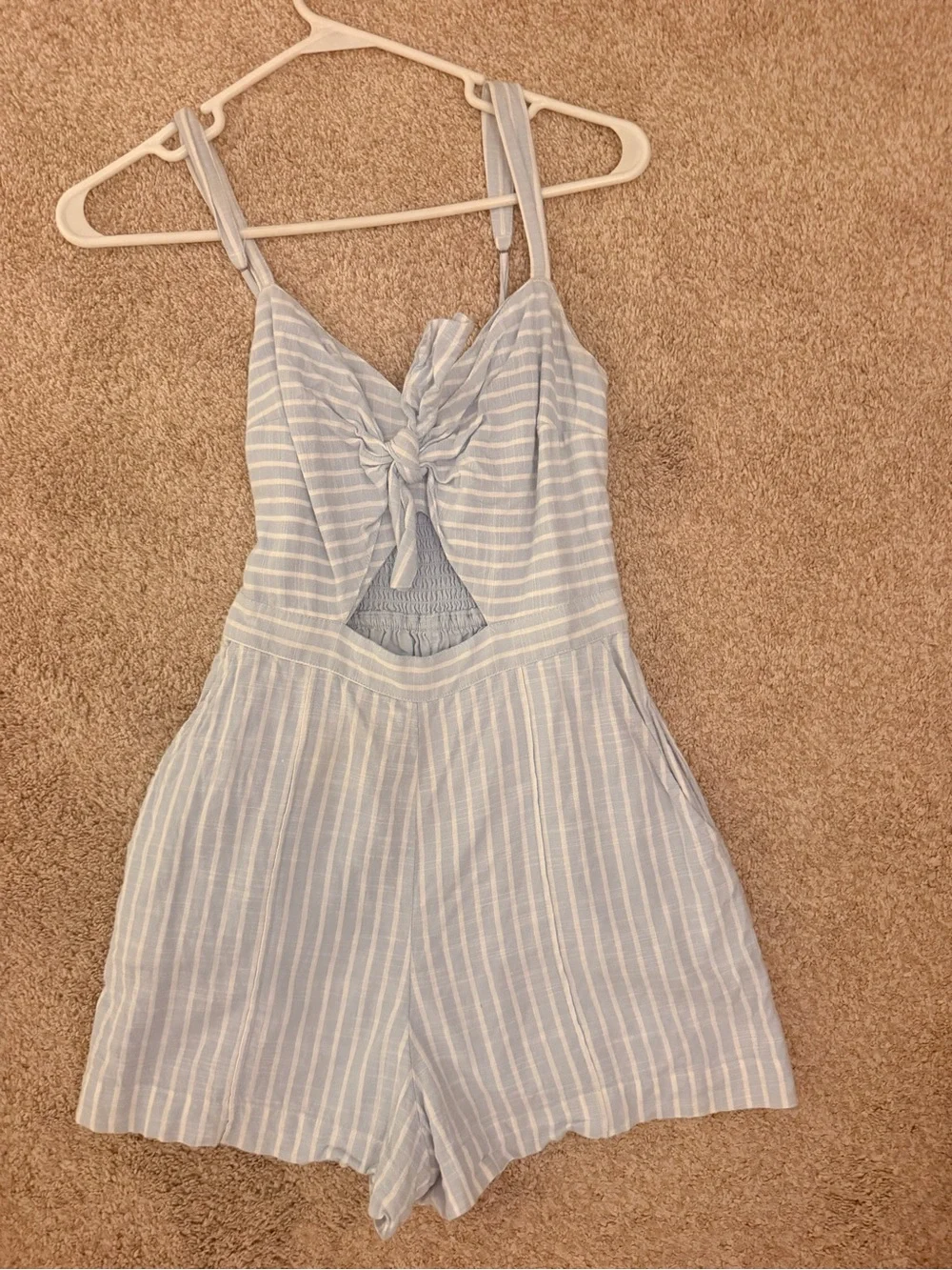 Light Blue Striped Girls' One-Piece Romper with Front Knot